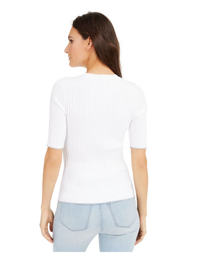 INC Womens White Ribbed Short Sleeve Jewel Neck Sweater XS