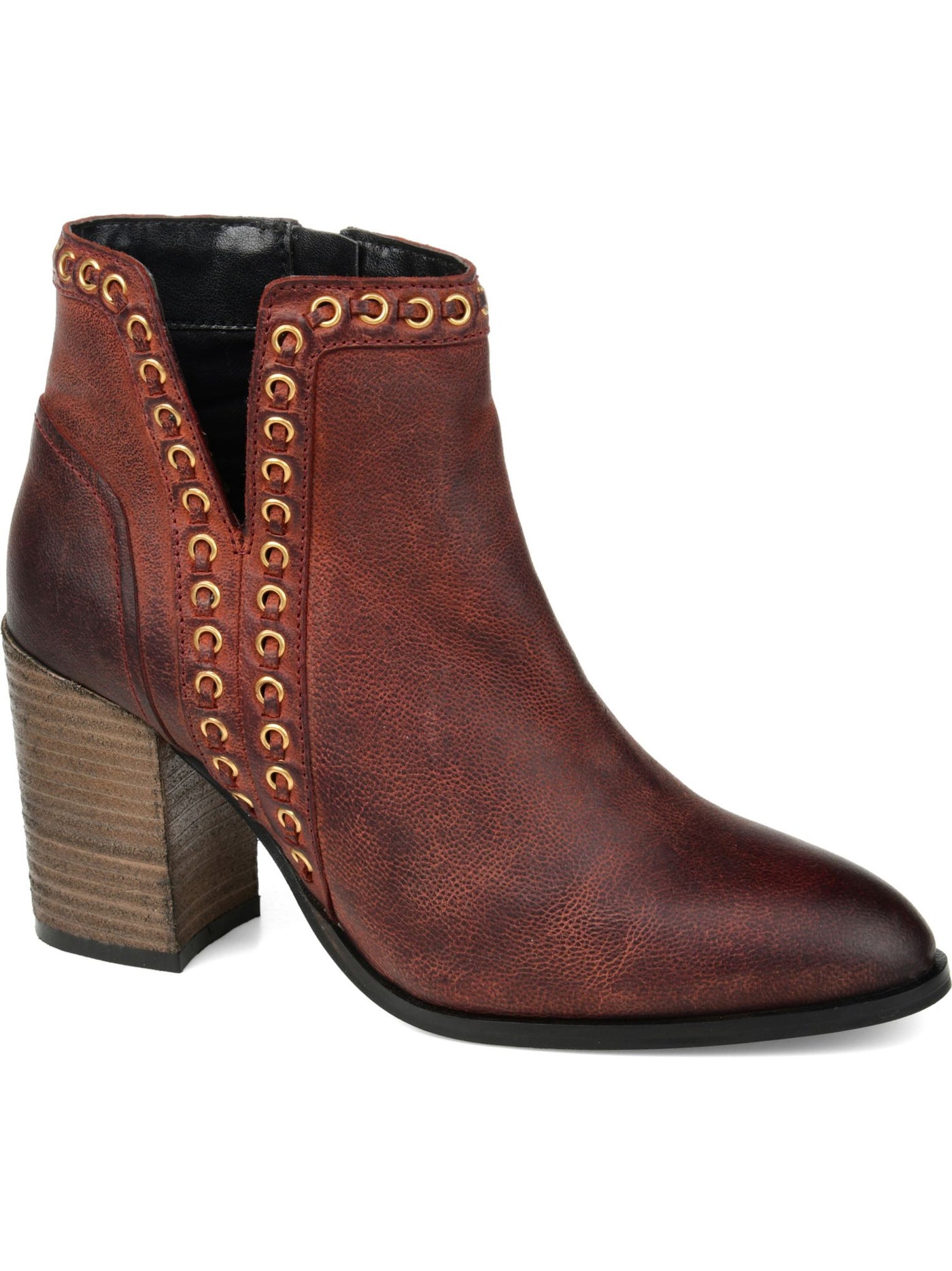 JOURNEE SIGNATURE Womens Brown Lace And Eyelet Detail Padded Jorri Almond Toe Stacked Heel Zip-Up Leather Booties 10
