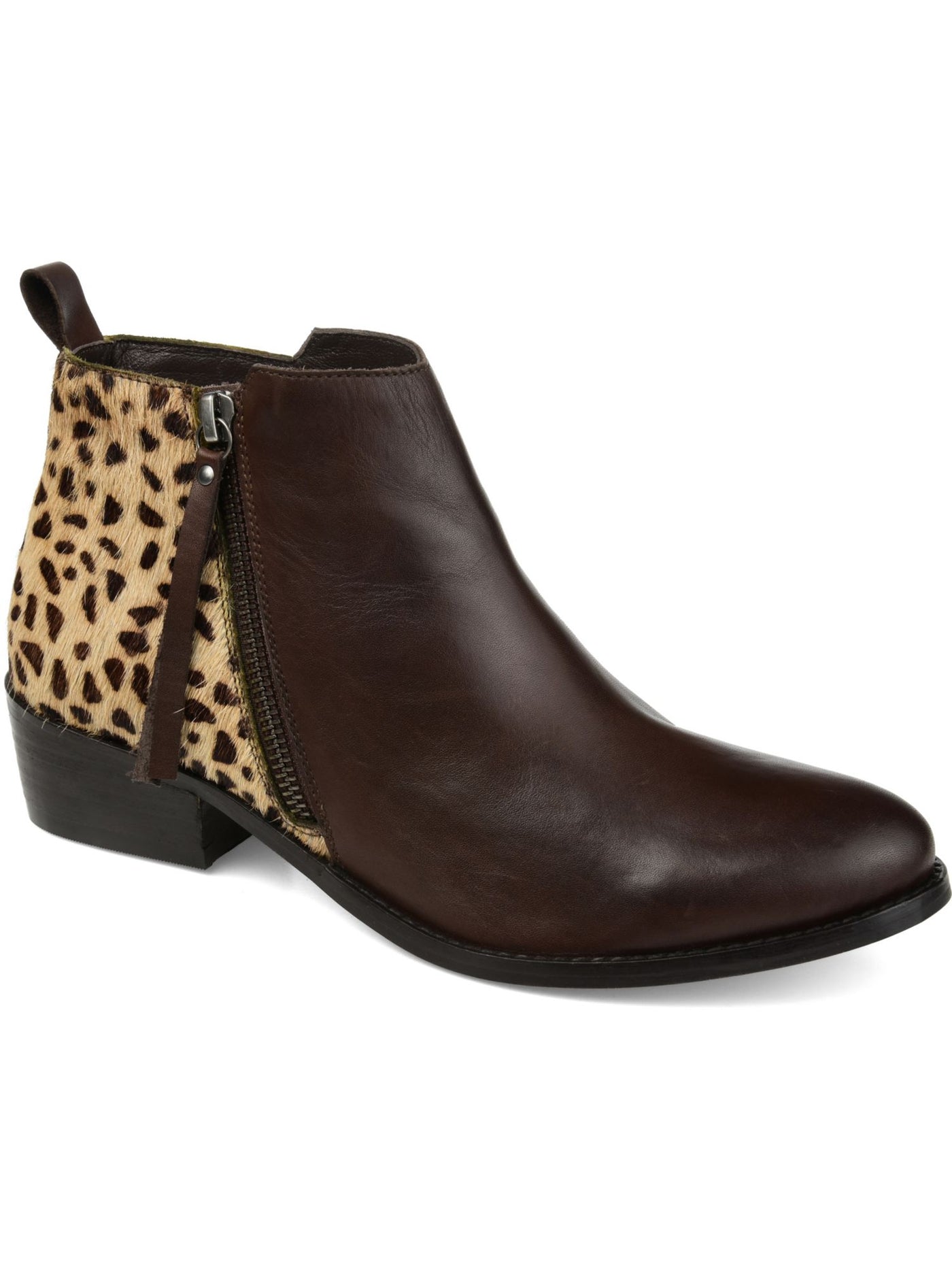 JOURNEE COLLECTION Womens Brown Leopard Print Pull Tab Comfort Shalece Round Toe Block Heel Zip-Up Leather Booties 8