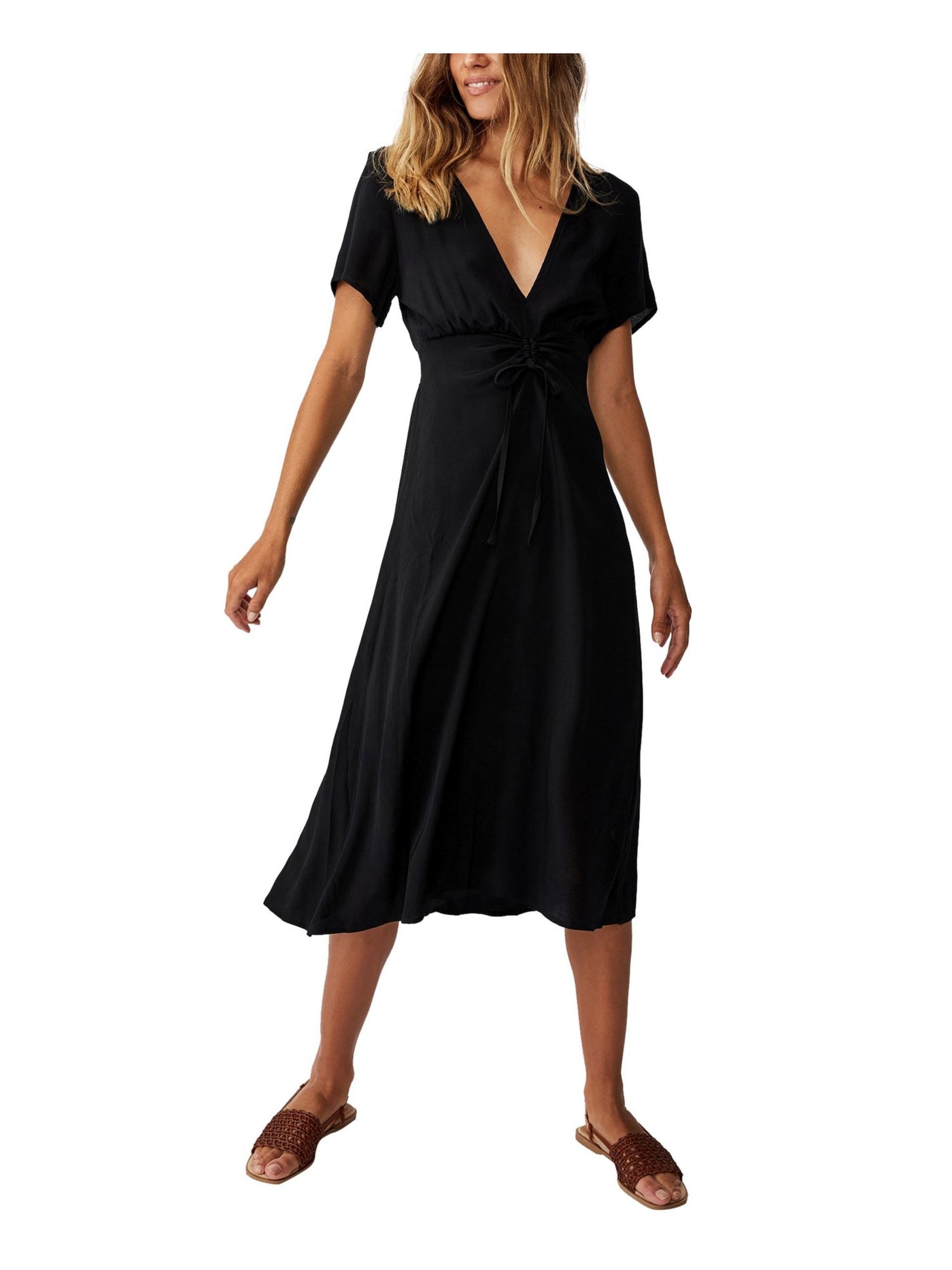 COTTON ON Womens Black Ruched Tie Short Sleeve V Neck Midi Fit + Flare Dress Juniors L