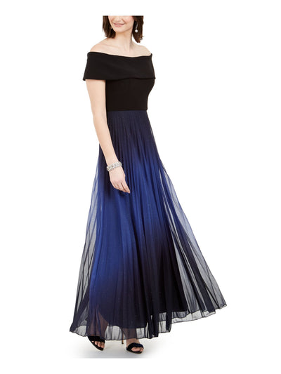 BETSY & ADAM Womens Pleated Glitter Gown Short Sleeve Off Shoulder Maxi Evening Fit + Flare Dress