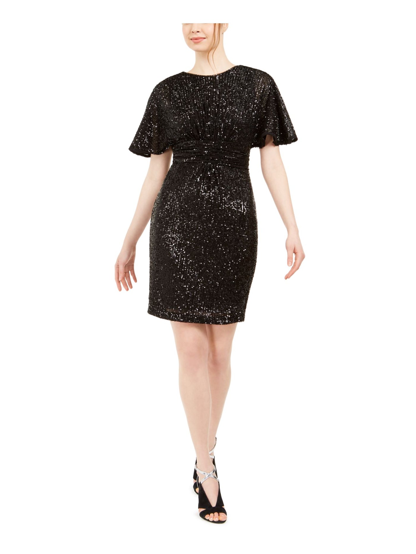 CALVIN KLEIN Womens Black Sequined Bell Sleeve Crew Neck Above The Knee Party Sheath Dress 4