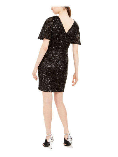 CALVIN KLEIN Womens Black Sequined Bell Sleeve Crew Neck Above The Knee Party Sheath Dress 4