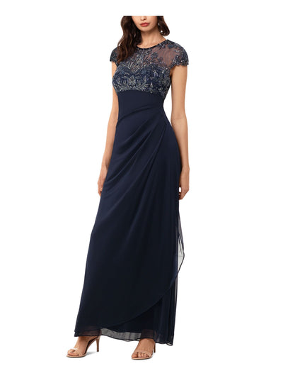 XSCAPE Womens Navy Embellished Zippered Lined Short Sleeve Crew Neck Maxi Evening Gown Dress 6