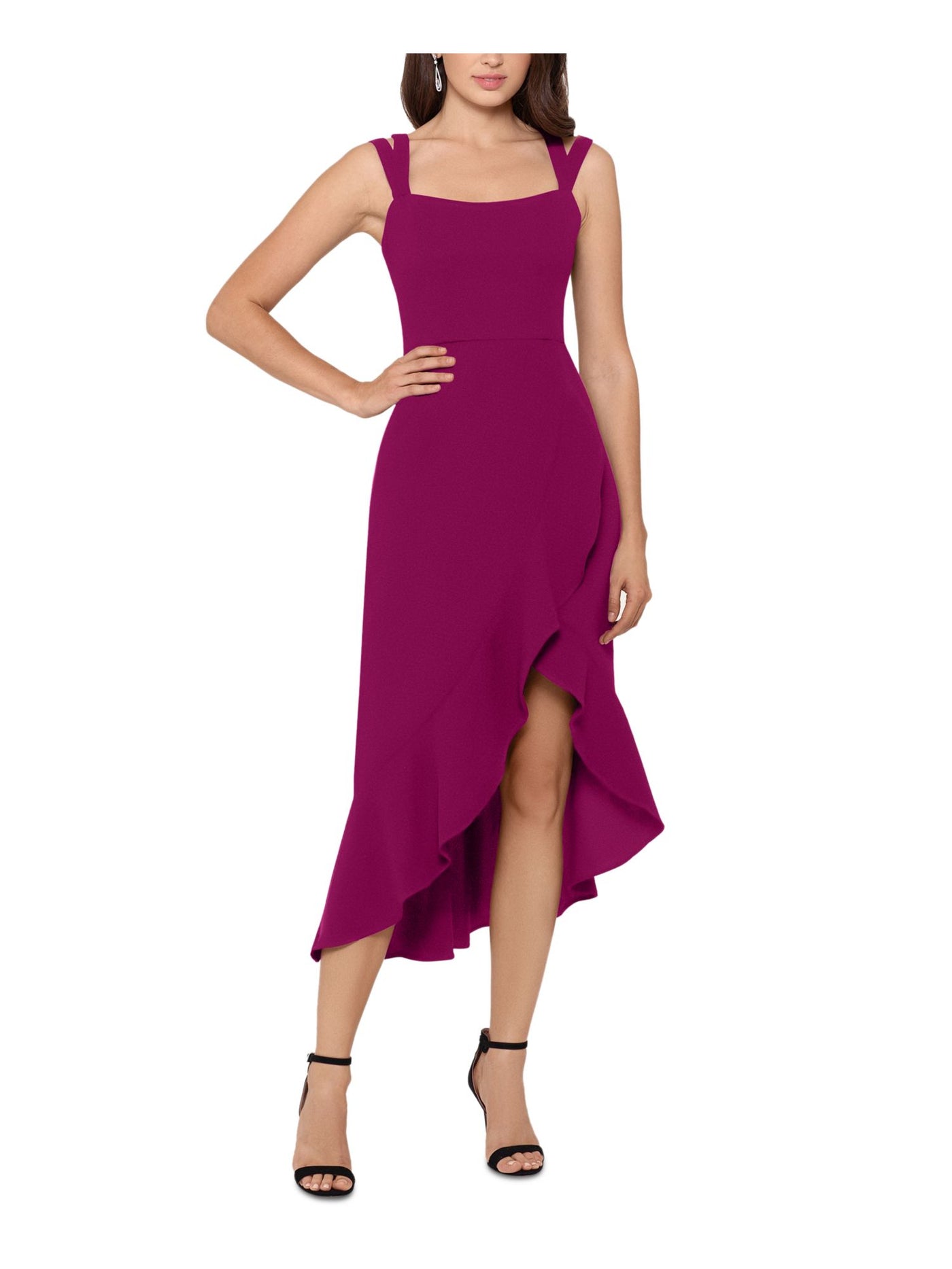 XSCAPE Womens Purple Ruffled Zippered Sleeveless Square Neck Short Party Hi-Lo Dress 6