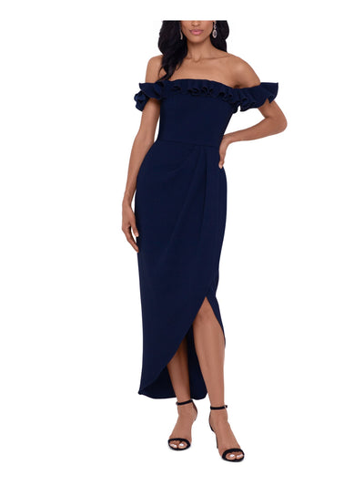 XSCAPE Womens Navy Ruffled Zippered Gown Flutter Off Shoulder Knee Length Evening Tulip Dress 14