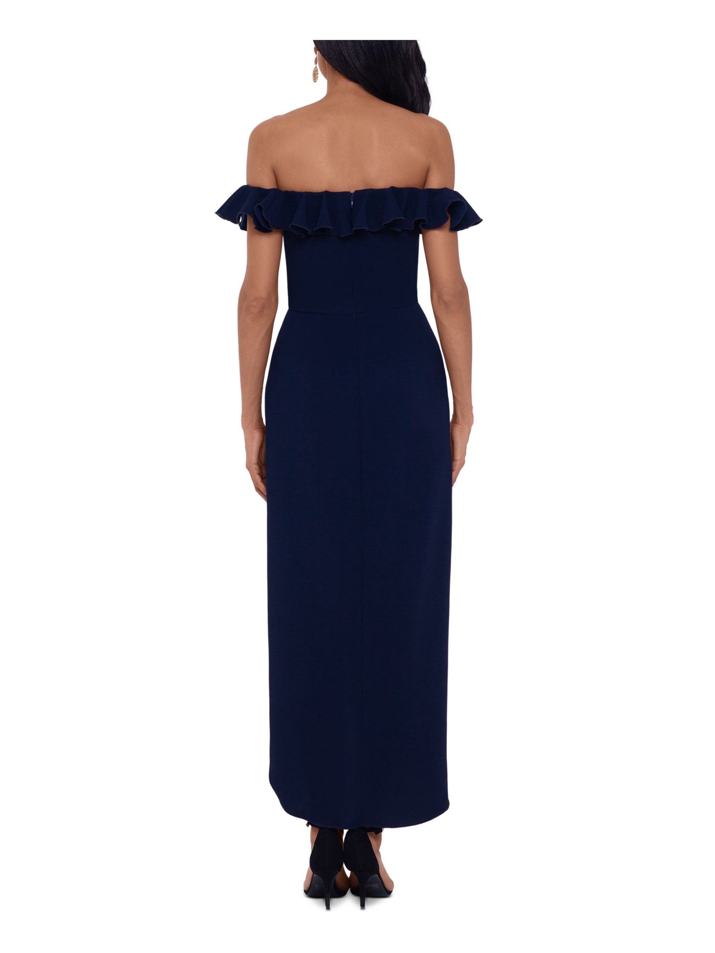 XSCAPE Womens Navy Ruffled Zippered Gown Flutter Off Shoulder Knee Length Evening Tulip Dress 4