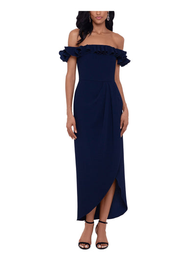 XSCAPE Womens Navy Ruffled Zippered Gown Flutter Off Shoulder Knee Length Evening Tulip Dress 8