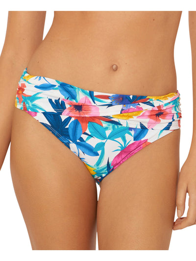 BLEU Women's Blue Tropical Print Stretch Foldover Full Coverage Shirred Bikini Swimsuit Bottom 4