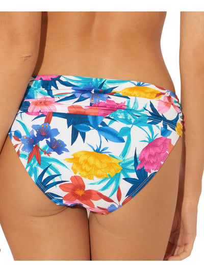 BLEU Women's Blue Tropical Print Stretch Foldover Full Coverage Shirred Bikini Swimsuit Bottom 4