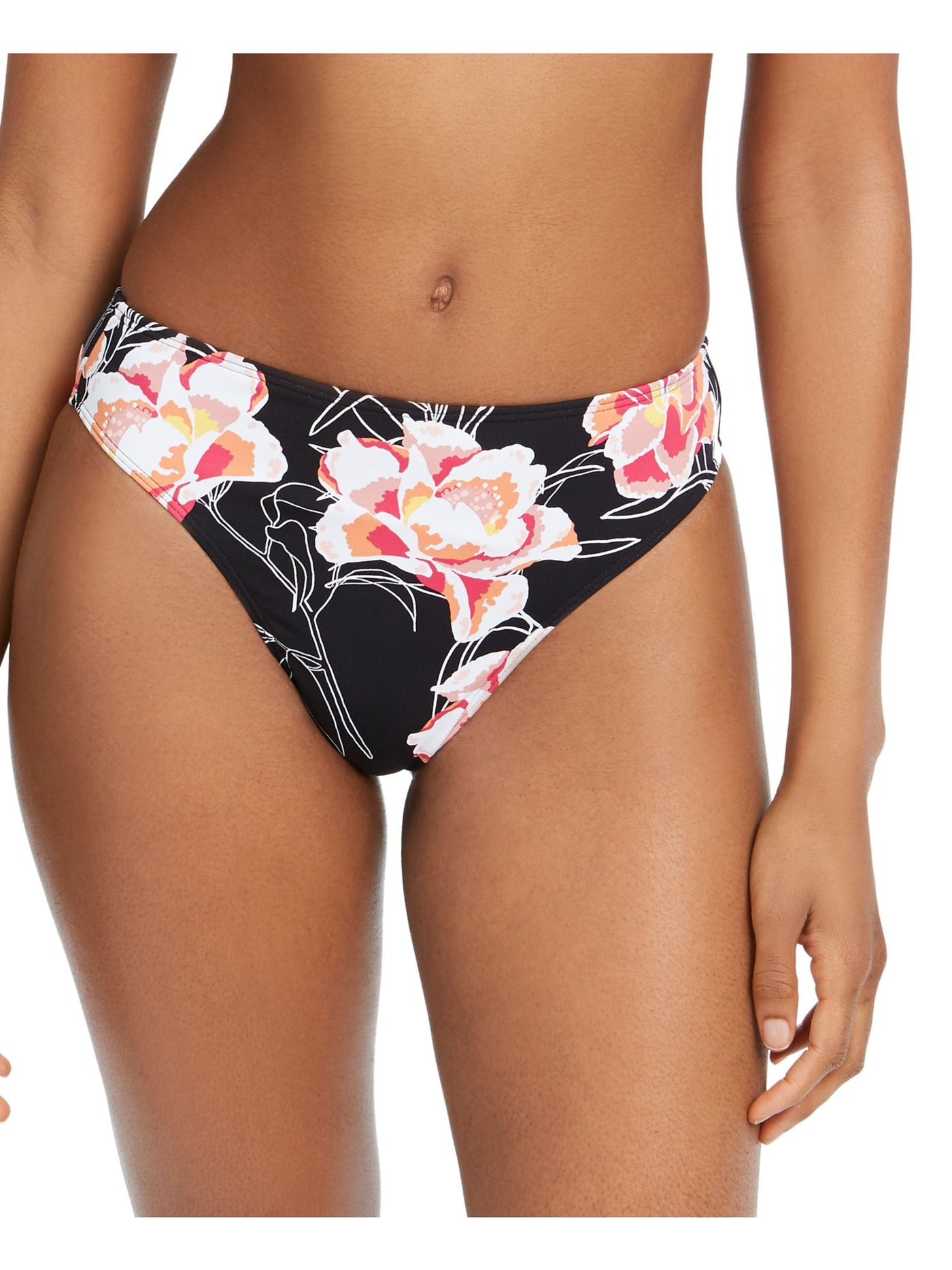 ROXY Women's Black Floral Stretch Lined Moderate Coverage High Leg Swimsuit Bottom M