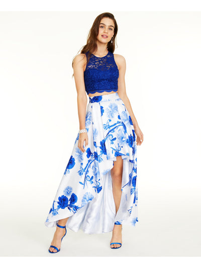 SEQUIN HEARTS Womens Blue Floral Sleeveless Jewel Neck Full-Length Evening Hi-Lo Dress Juniors 7