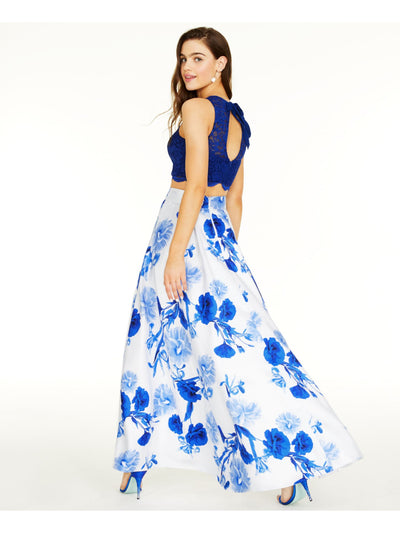 SEQUIN HEARTS Womens Blue Floral Sleeveless Jewel Neck Full-Length Evening Hi-Lo Dress Juniors 7