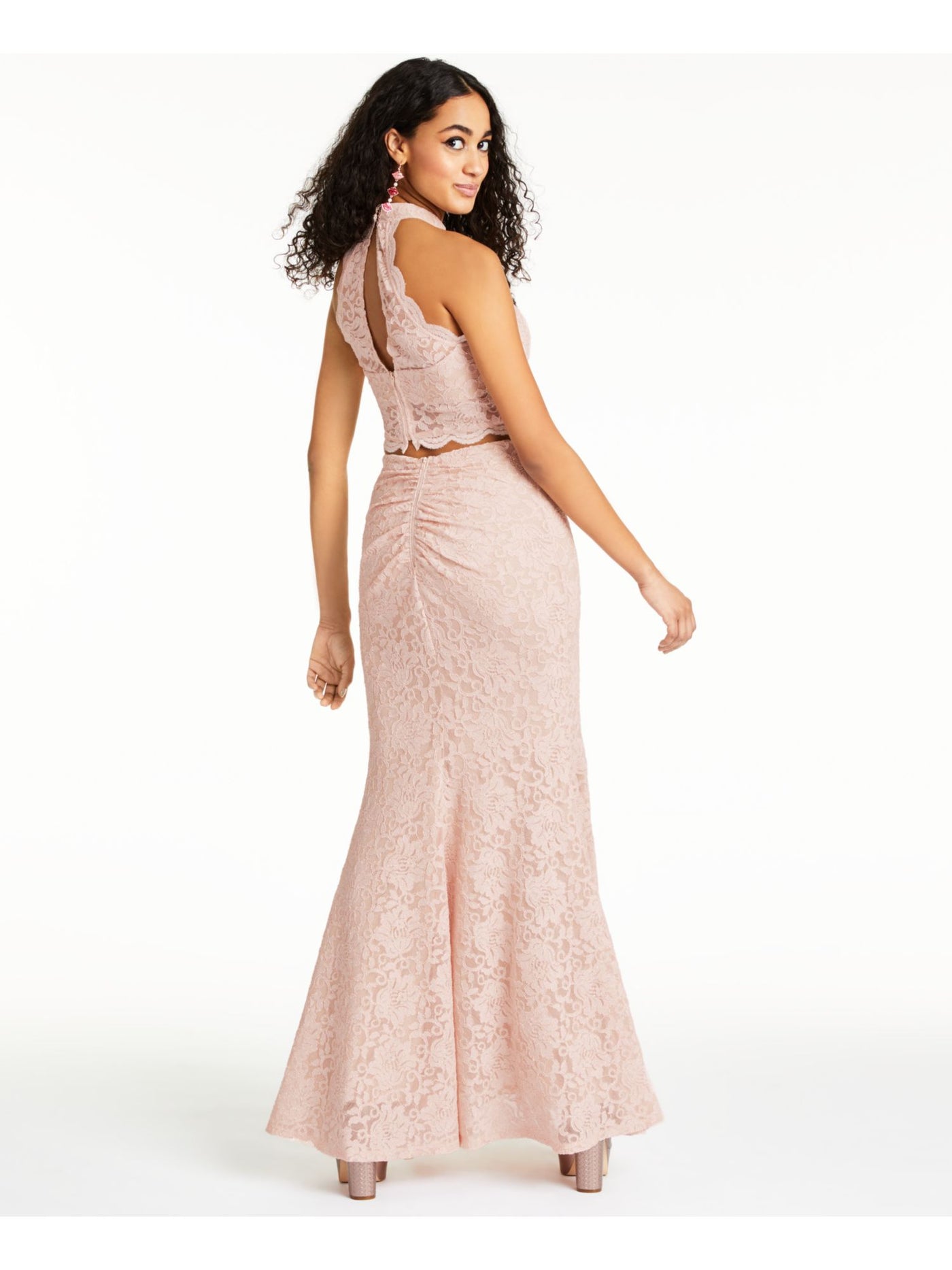 SEQUIN HEARTS Womens Pink Zippered Glitter Floral Sleeveless Halter Full-Length Formal Mermaid Dress Juniors 5