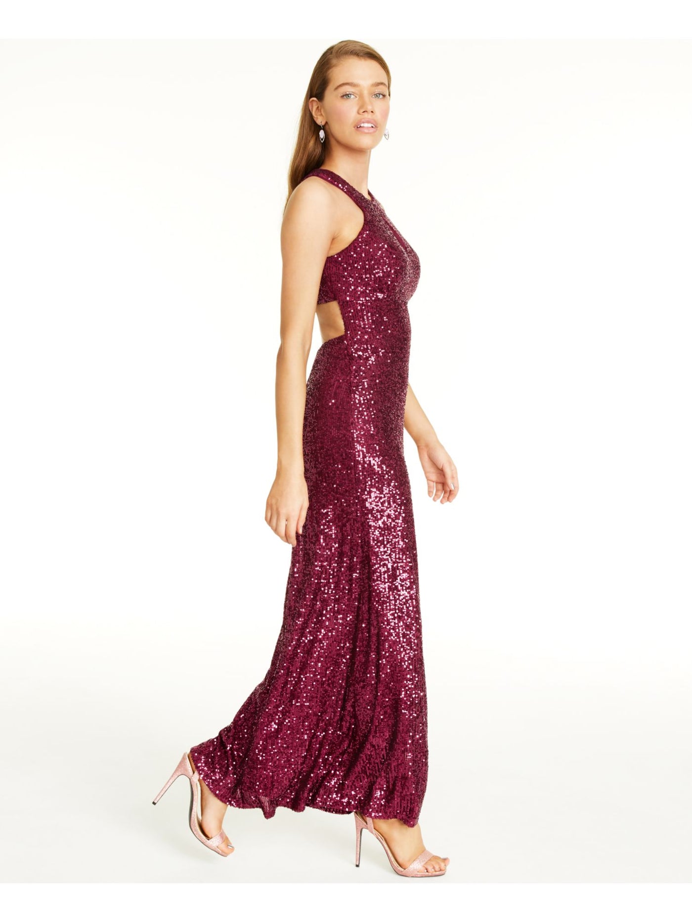 MORGAN & CO Womens Burgundy Sequined Sleeveless Halter Full-Length Evening Shift Dress 3