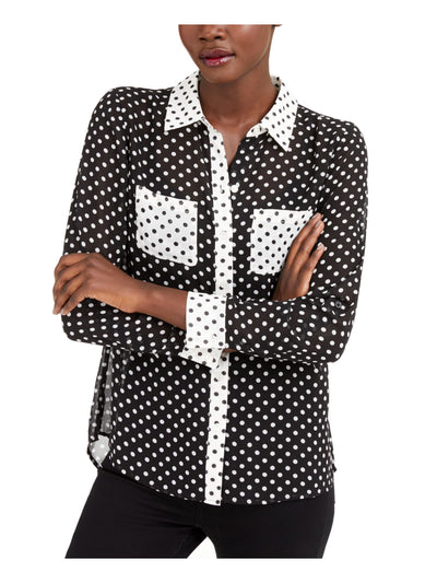 INC Womens Black Sheer Polka Dot Long Sleeve Collared Button Up Top XS