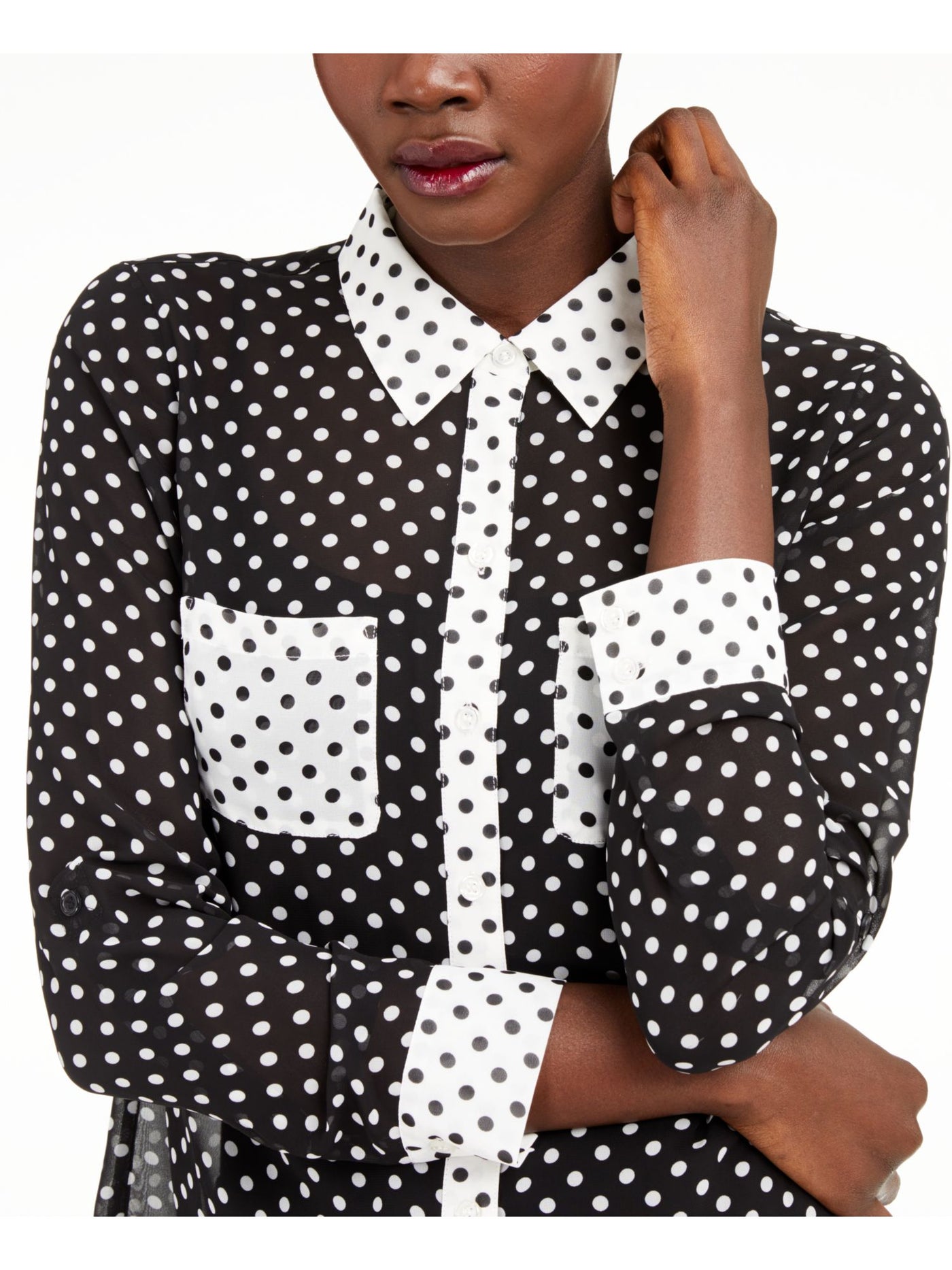 INC Womens Sheer Long Sleeve Collared Button Up Top