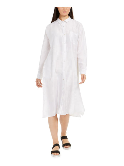 EILEEN FISHER Womens White Check Cuffed Sleeve Collared Midi Shirt Dress XXS