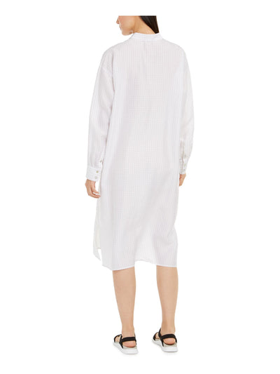 EILEEN FISHER Womens White Check Cuffed Sleeve Collared Midi Shirt Dress XXS