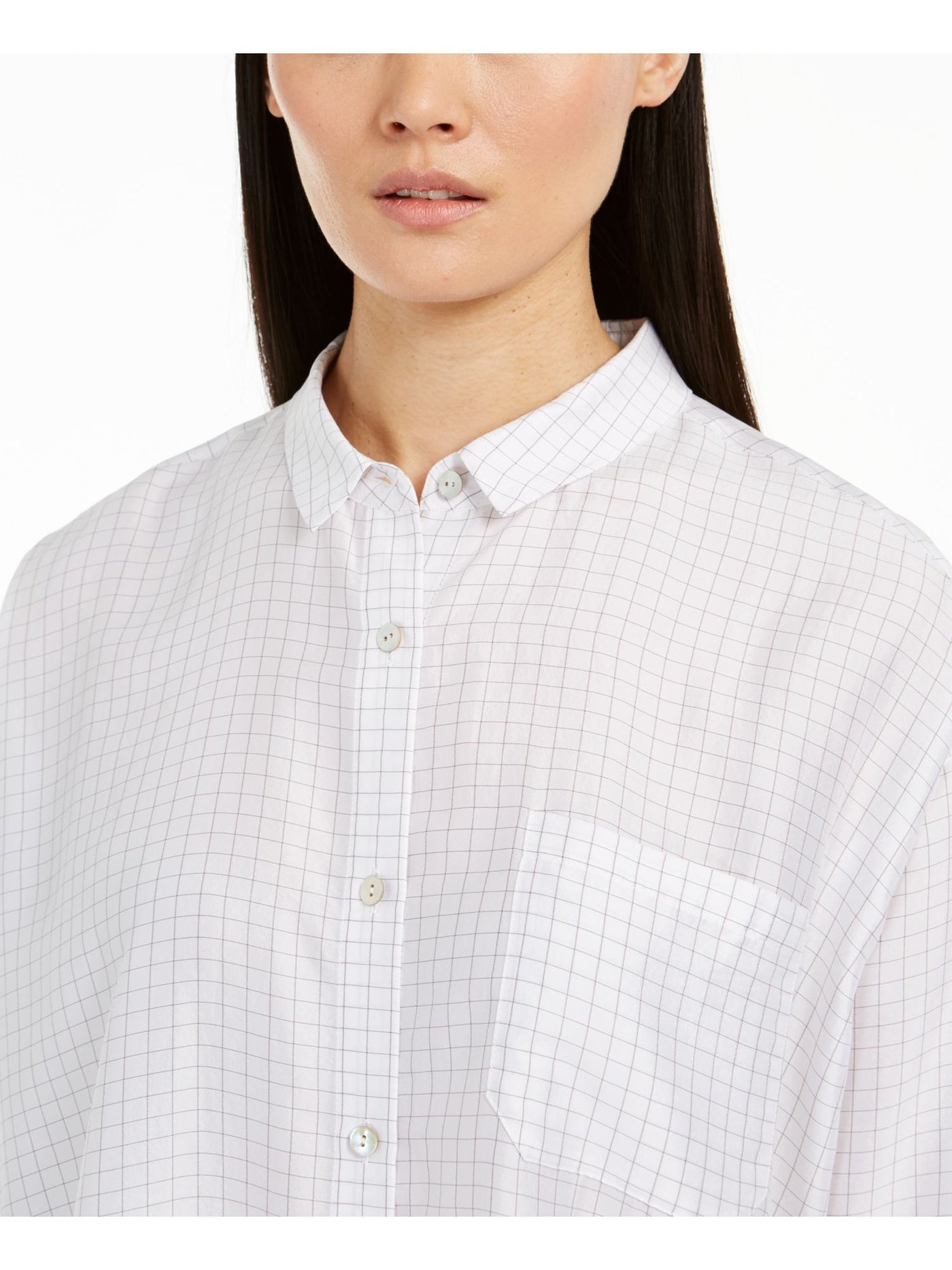 EILEEN FISHER Womens White Check Cuffed Sleeve Collared Midi Shirt Dress XXS