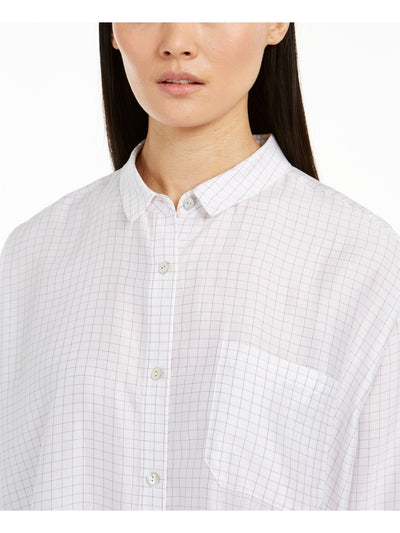 EILEEN FISHER Womens White Check Cuffed Sleeve Collared Midi Shirt Dress L