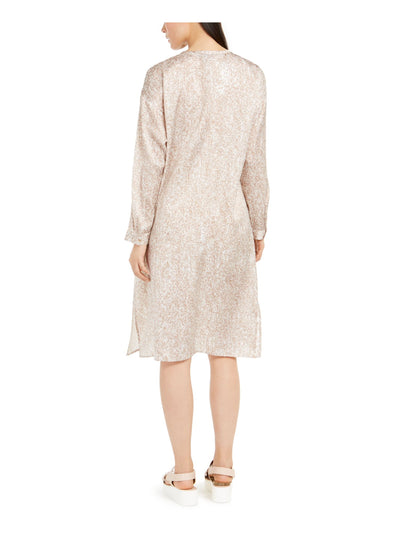 EILEEN FISHER Womens Beige Printed Long Sleeve Crew Neck Knee Length Shift Dress S