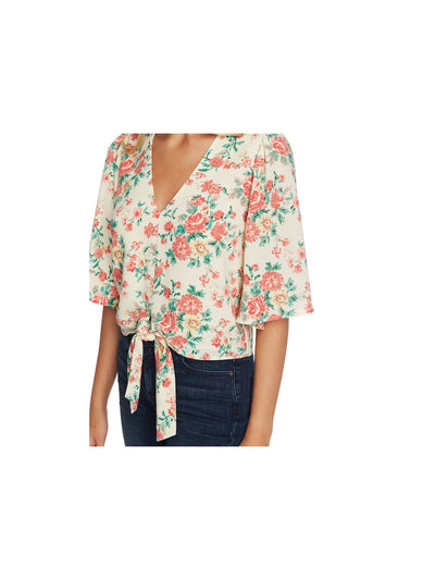 1. STATE Womens Short Sleeve Tie-front V Neck Top