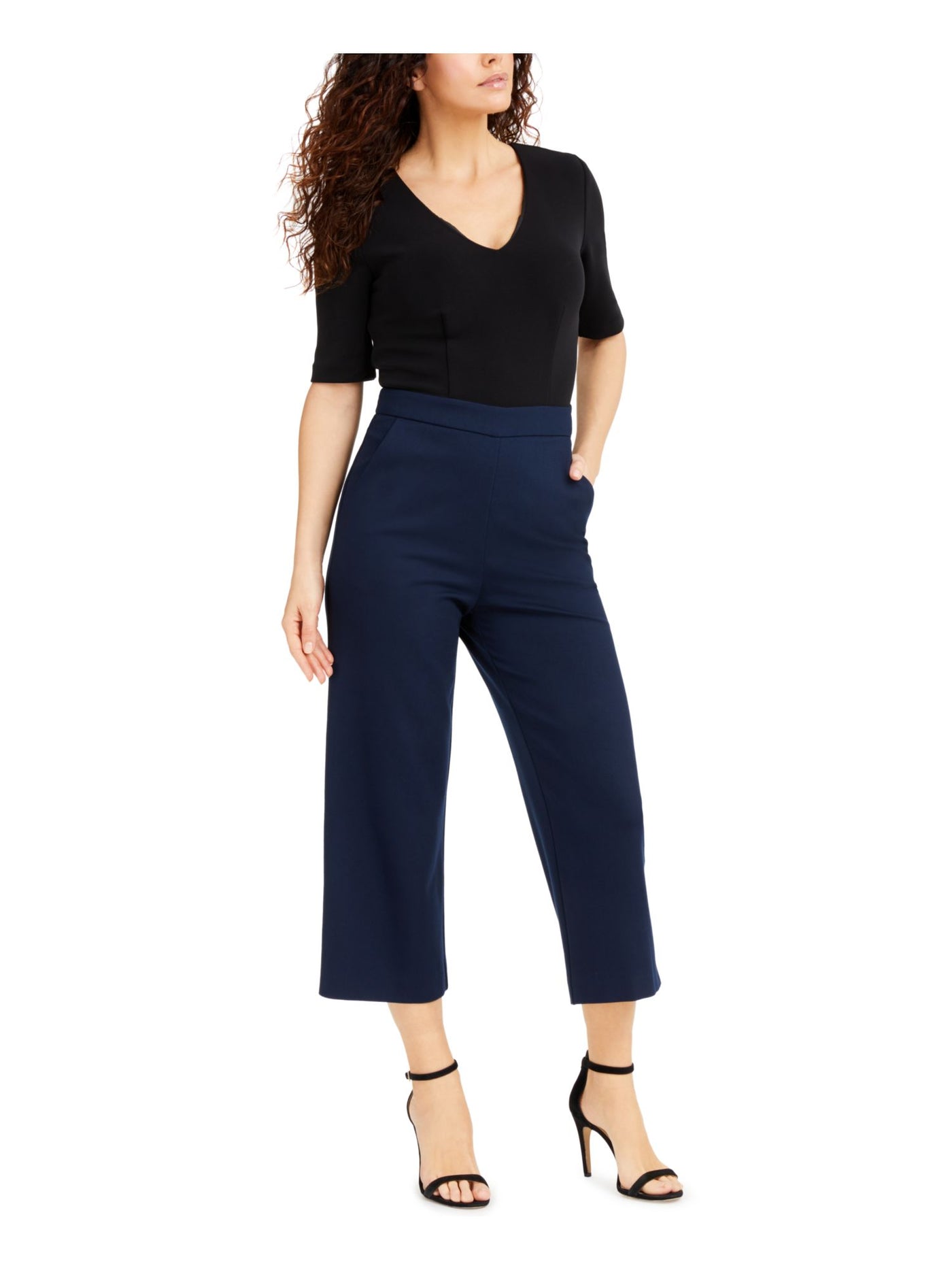 TRINA TURK Womens Navy Textured Pocketed Elbow Sleeves Color Block V Neck Wide Leg Jumpsuit 4