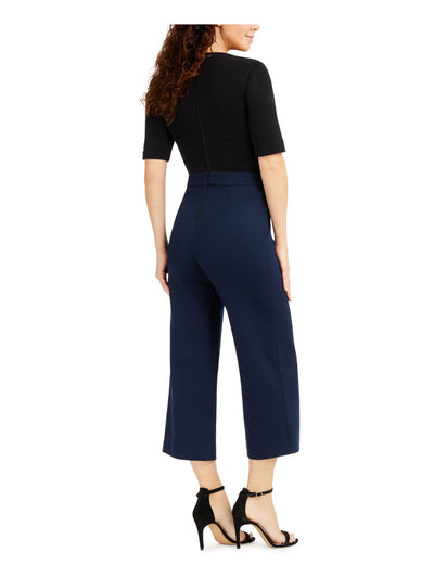 TRINA TURK Womens Navy Textured Pocketed Elbow Sleeves Color Block V Neck Wide Leg Jumpsuit 4