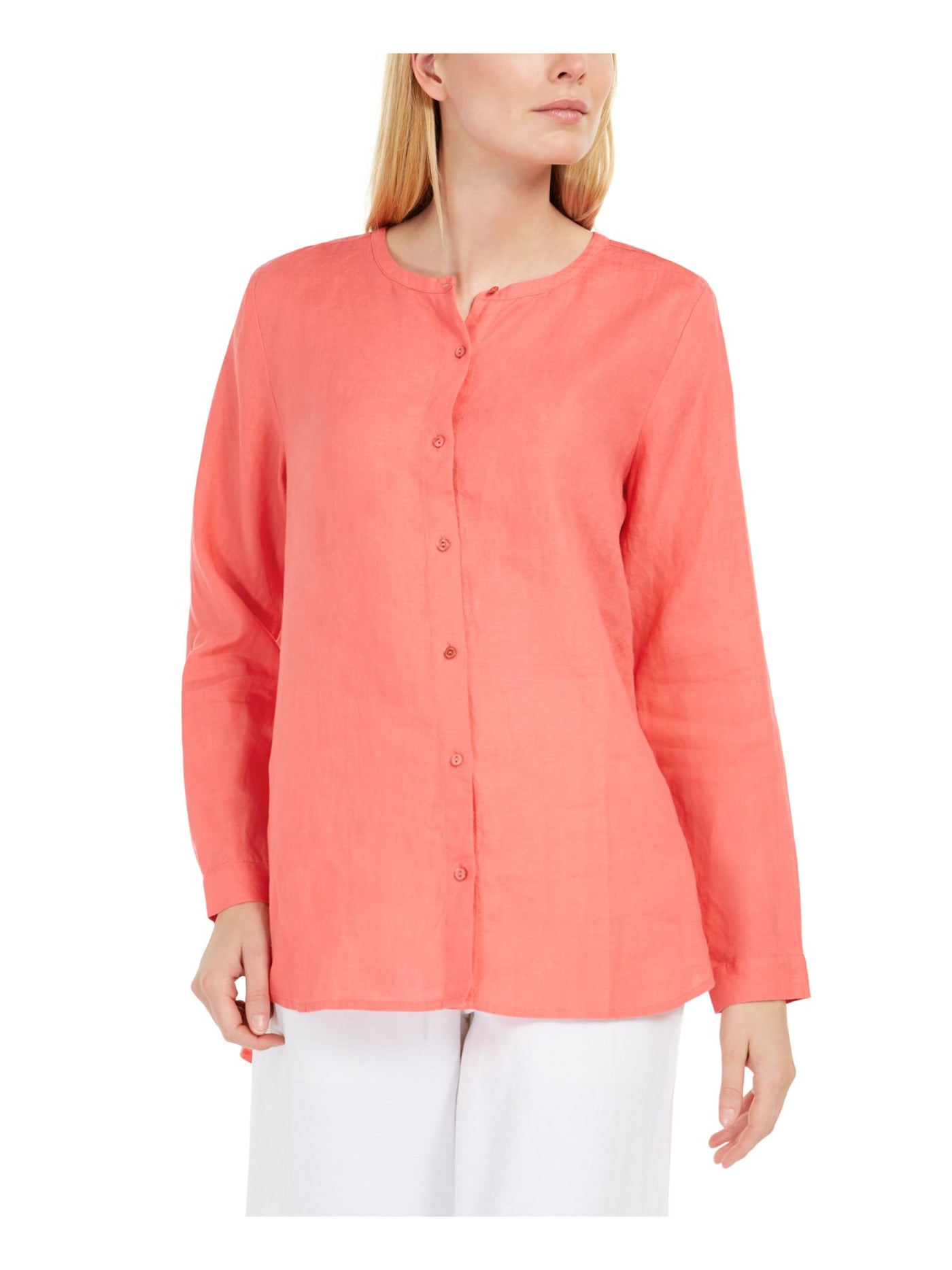 EILEEN FISHER Womens Coral Long Sleeve Jewel Neck Button Up Top XL