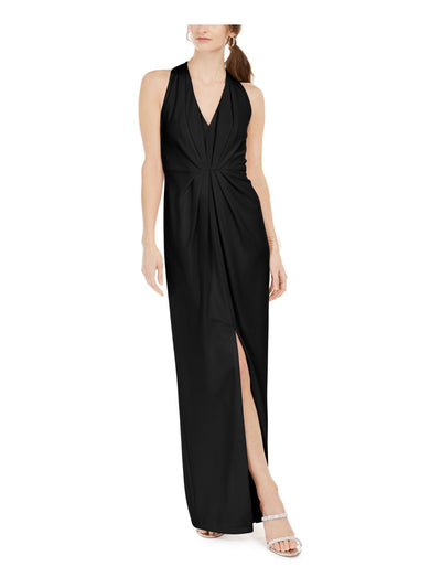 ADRIANNA PAPELL Womens Black Pleated Sleeveless V Neck Full-Length Evening Sheath Dress 4