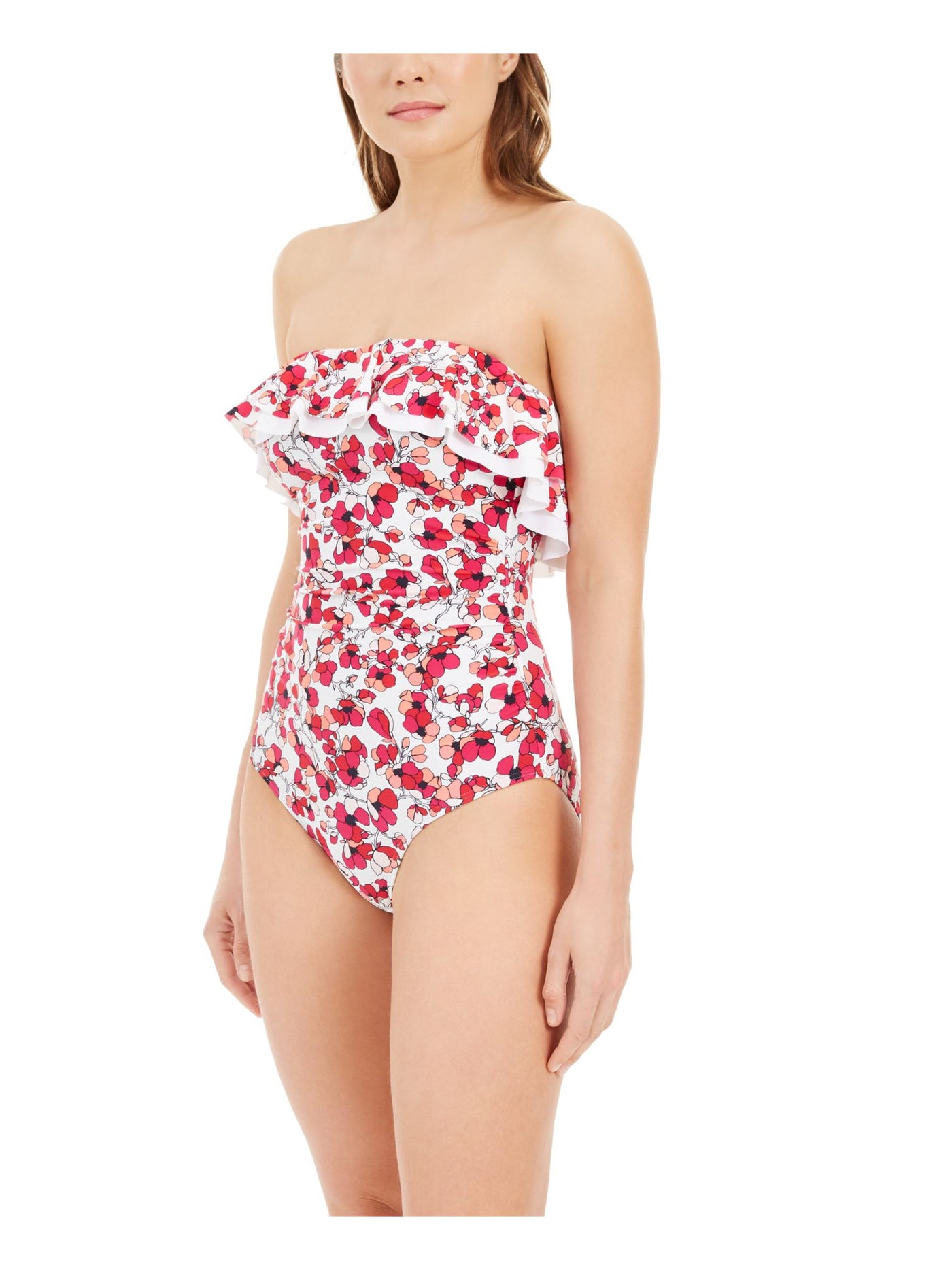 TOMMY HILFIGER Women's White Floral Removable Strap Removable Cups Ruffled Bandeau One Piece Swimsuit 12