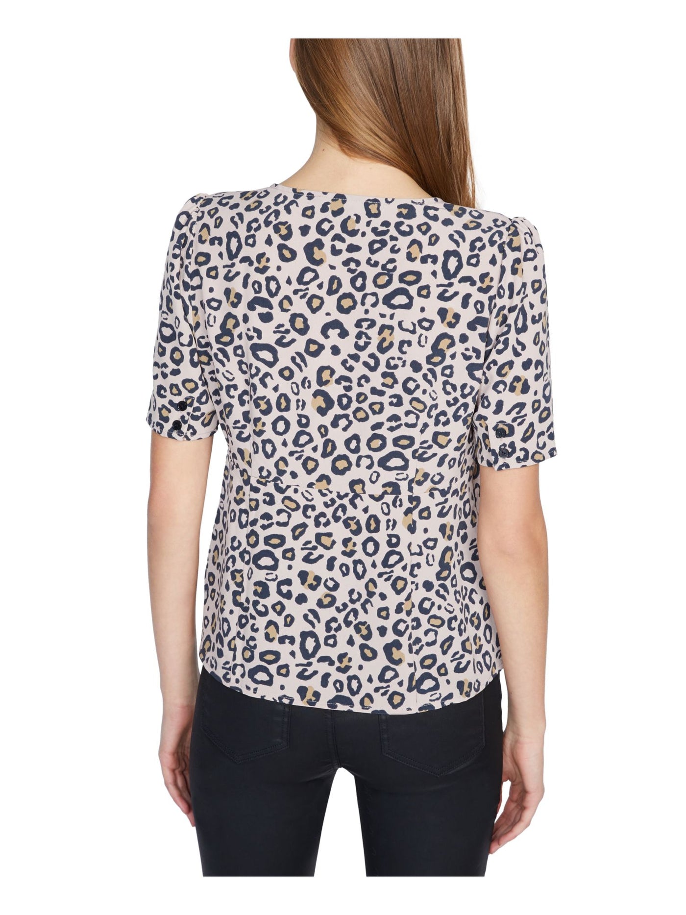 SANCTUARY Womens Beige Animal Print Short Sleeve Jewel Neck Top S