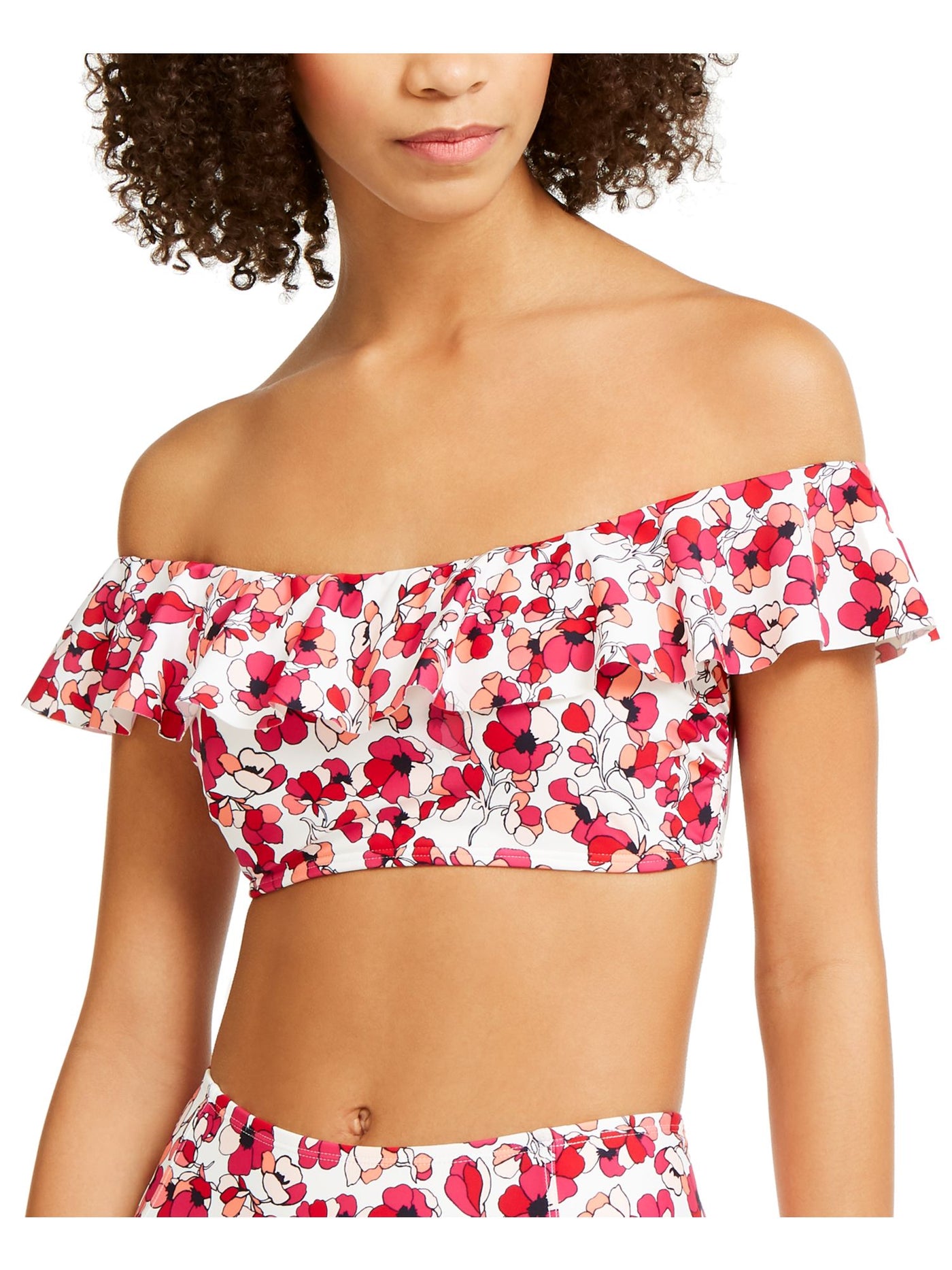 TOMMY HILFIGER Women's Pink Printed Stretch Ruffled UV Protection Off The Shoulder Swimsuit Top XS