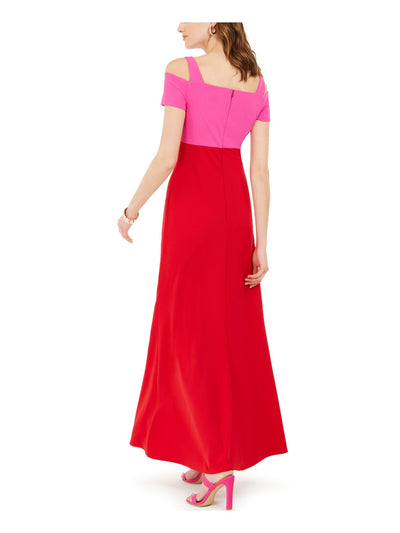 NIGHTWAY Womens Red Stretch Zippered Cold Shoulder Straight Neck Cutout Front Slit Color Block Short Sleeve Maxi Party Sheath Dress 6