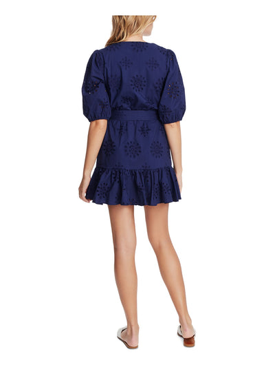 1. STATE Womens Navy Embroidered Ruffled Eyelet Belted Elbow Puff Sleeves V Neck Mini Fit + Flare Dress S