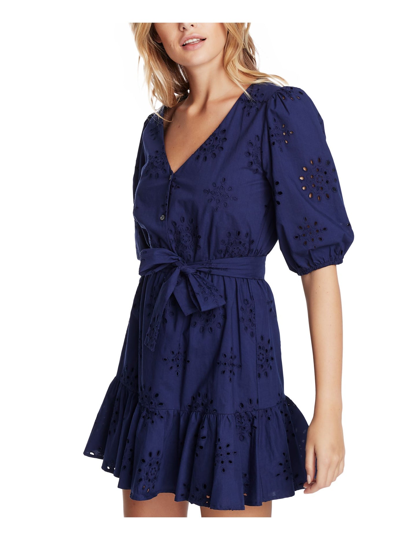 1. STATE Womens Embroidered Ruffled Eyelet Belted Elbow Puff Sleeves V Neck Mini Fit + Flare Dress