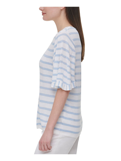 CALVIN KLEIN Womens Light Blue Striped Short Sleeve Jewel Neck Top S