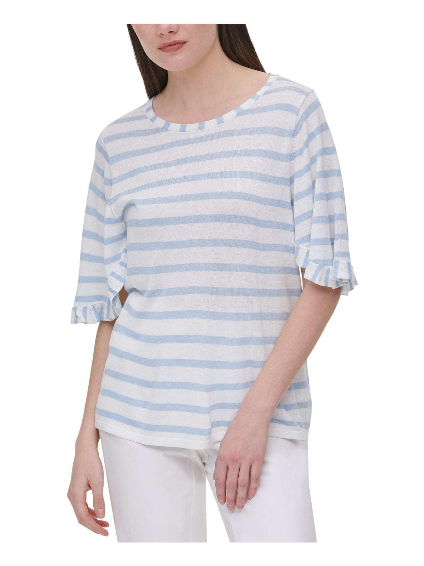 CALVIN KLEIN Womens Light Blue Striped Short Sleeve Jewel Neck Top S