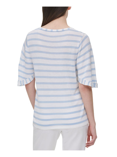 CALVIN KLEIN Womens Light Blue Striped Short Sleeve Jewel Neck Top S