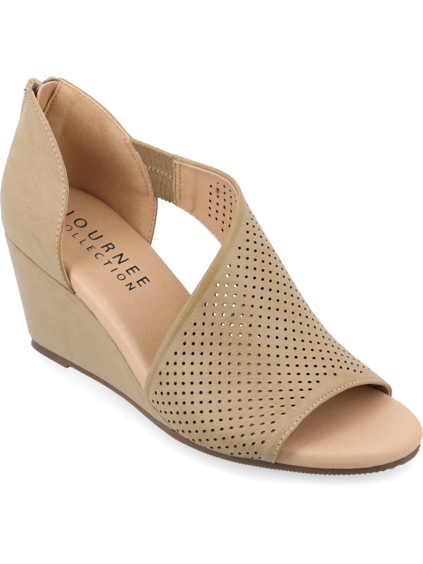 JOURNEE COLLECTION Womens Beige Goring Cushioned Perforated D Orsay Aretha Open Toe Wedge Zip-Up Heeled Sandal 8 W