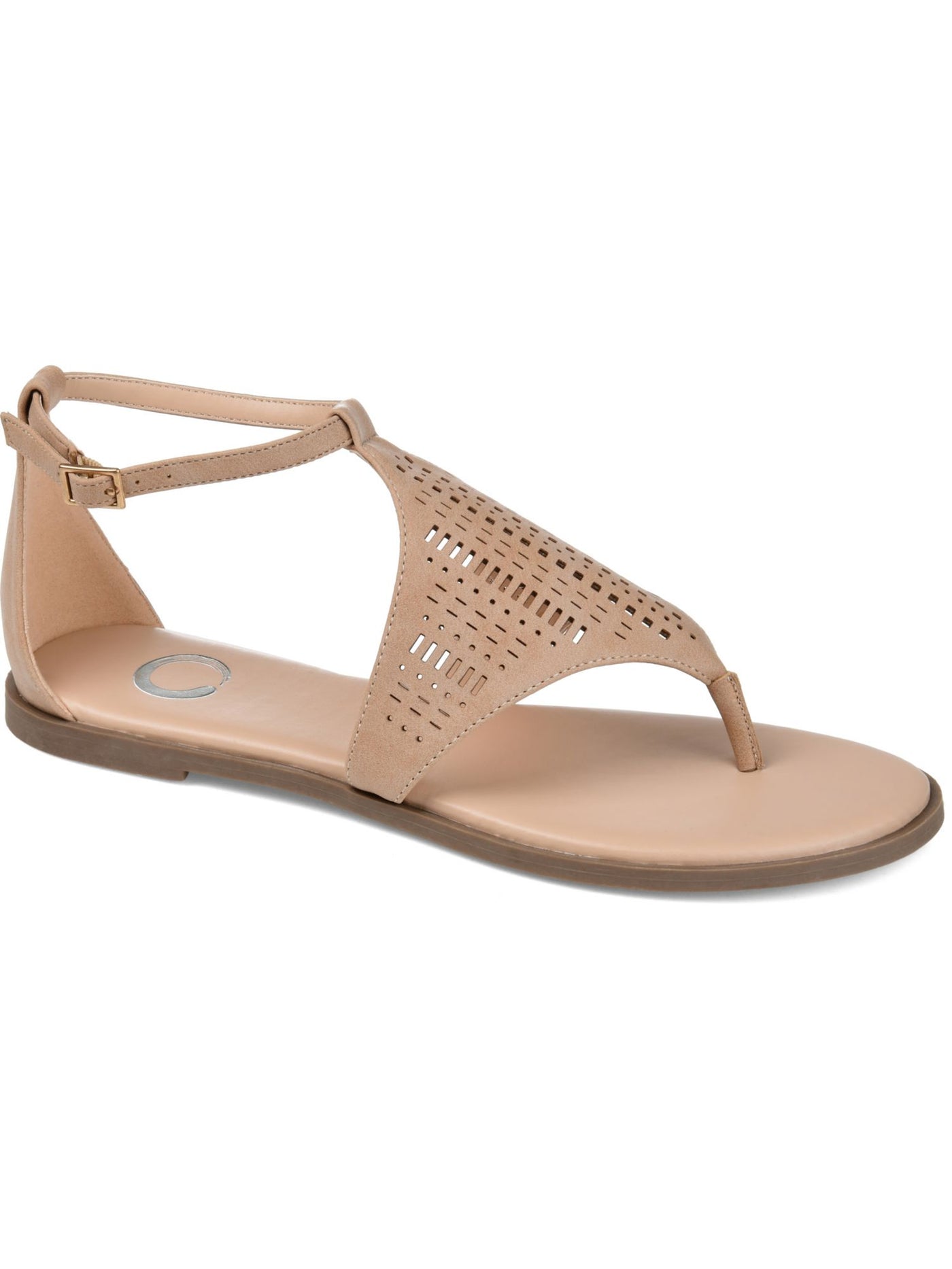 JOURNEE COLLECTION Womens Beige Laser Cut Half-Caged Design Cushioned Ankle Strap Niobi Round Toe Buckle Thong Sandals Shoes 8