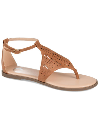 JOURNEE COLLECTION Womens Brown Laser Cut Half-Caged Design Cushioned Ankle Strap Niobi Round Toe Buckle Thong Sandals Shoes 9