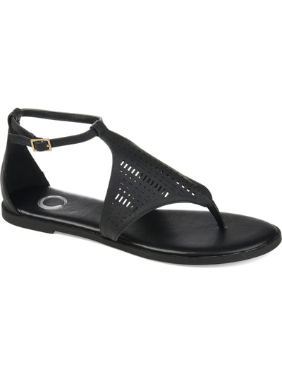 JOURNEE COLLECTION Womens Black Laser Cut Half-Caged Design Cushioned Ankle Strap Niobi Round Toe Buckle Thong Sandals 11