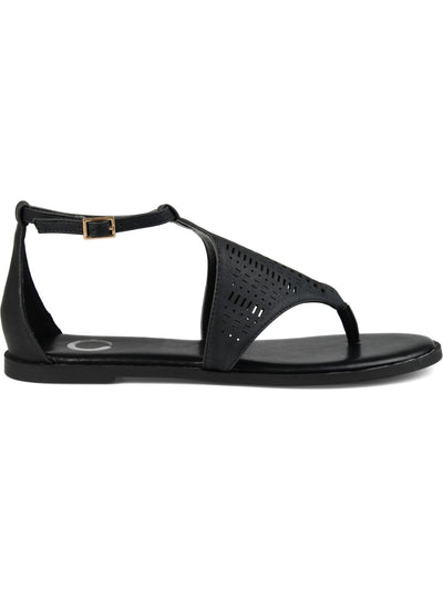 JOURNEE COLLECTION Womens Black Laser Cut Half-Caged Design Cushioned Ankle Strap Niobi Round Toe Buckle Thong Sandals 11