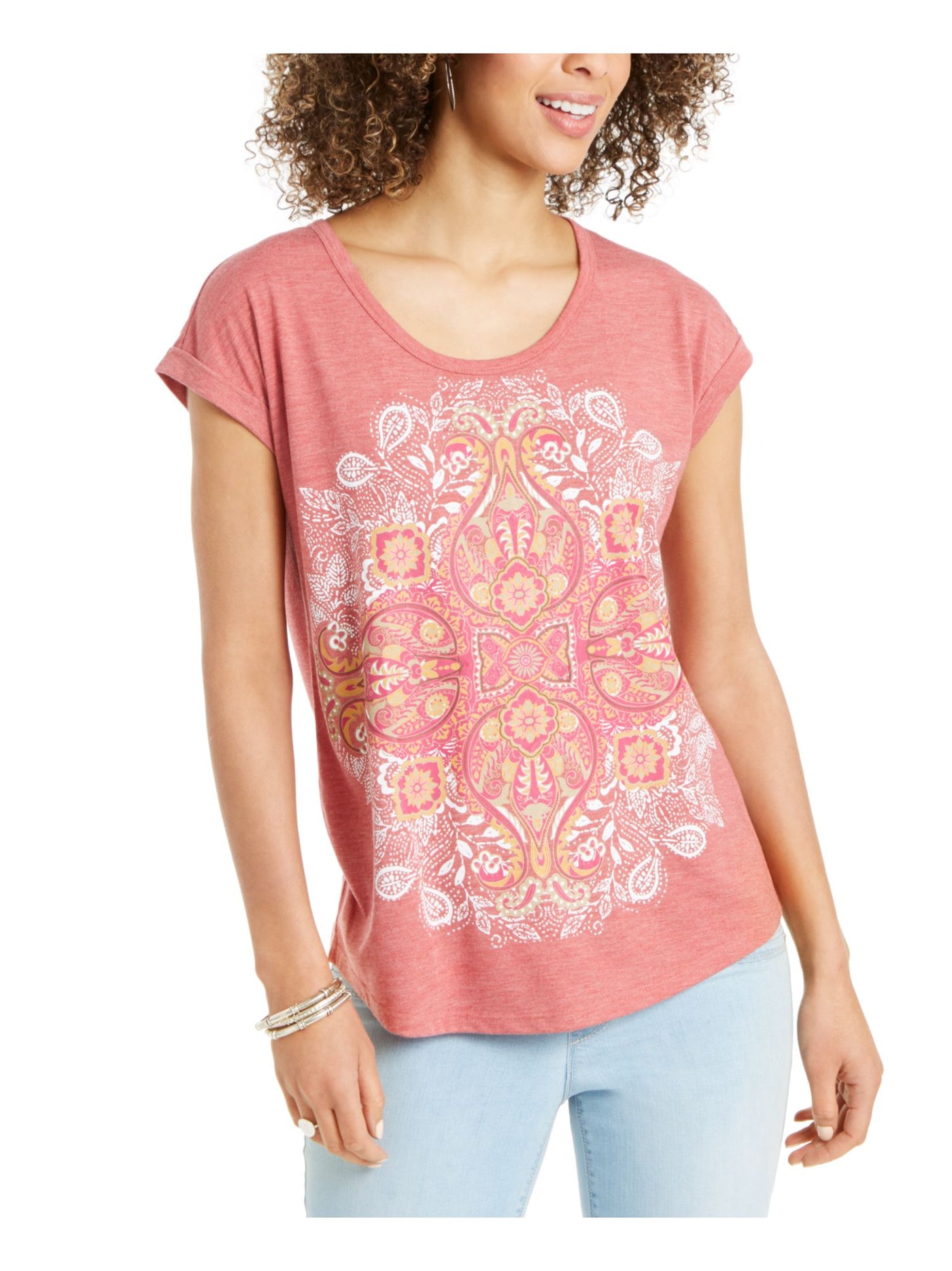 STYLE & COMPANY Womens Red Pleated Printed Cap Sleeve Scoop Neck T-Shirt XS