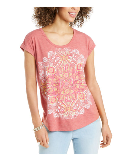 STYLE & COMPANY Womens Red Pleated Printed Cap Sleeve Scoop Neck T-Shirt XS
