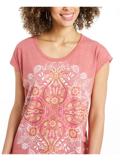 STYLE & COMPANY Womens Red Pleated Printed Cap Sleeve Scoop Neck T-Shirt XS