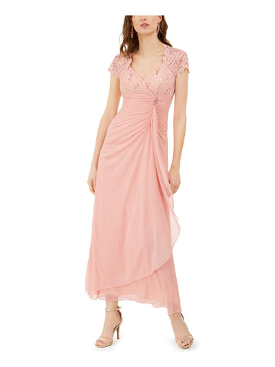 BETSY & ADAM Womens Pink Stretch Embellished Zippered Ruched Side Ruffle Open Back Short Sleeve Surplice Neckline Maxi Formal Gown Dress Petites 6P