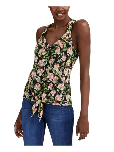 INC Womens Black Tie Front Floral Sleeveless Scoop Neck Top S